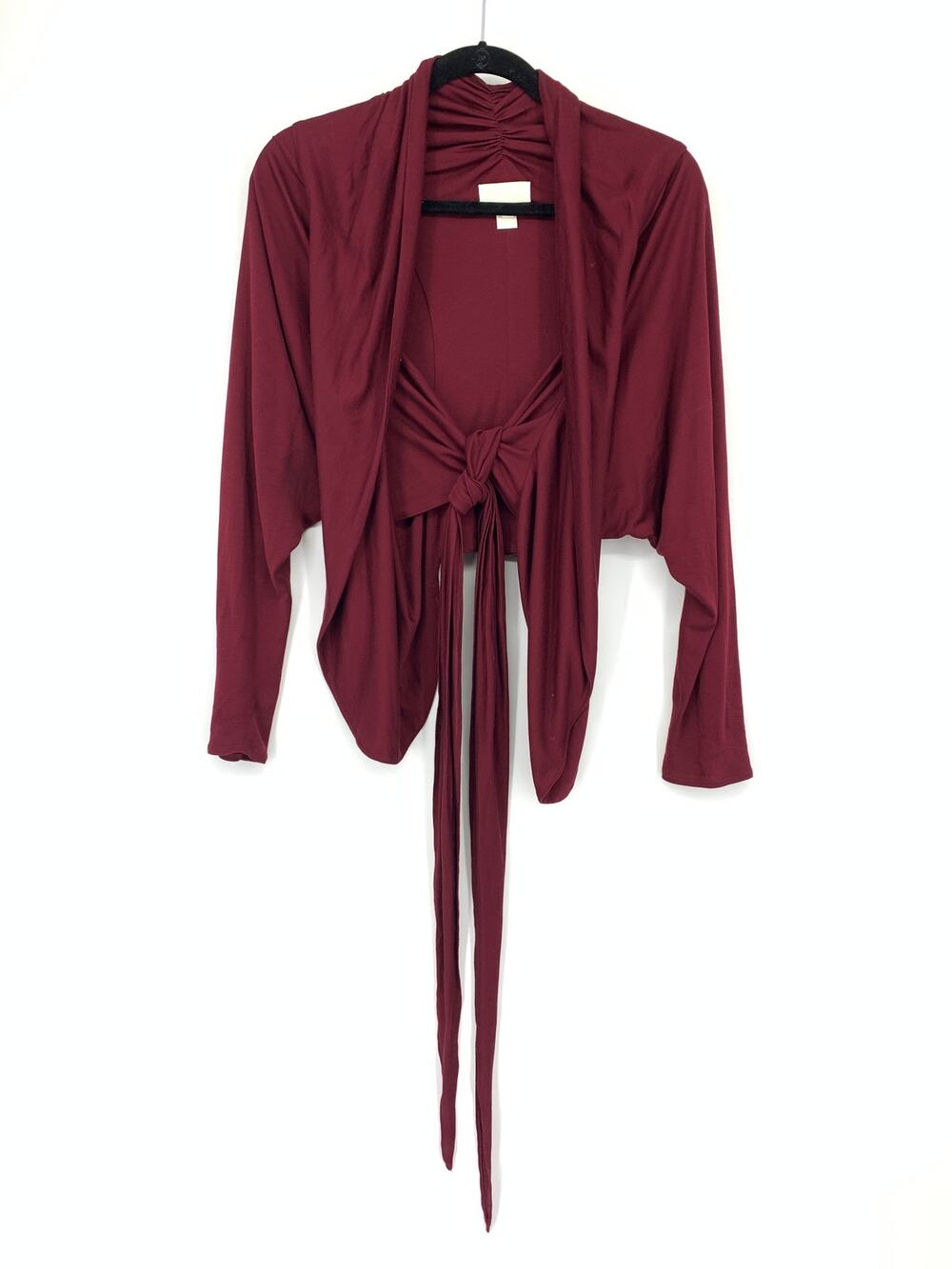 Doo. Ri Burgundy Long Sleeve Tie Front Shrug Sweater Womens Size 2 Draped Front